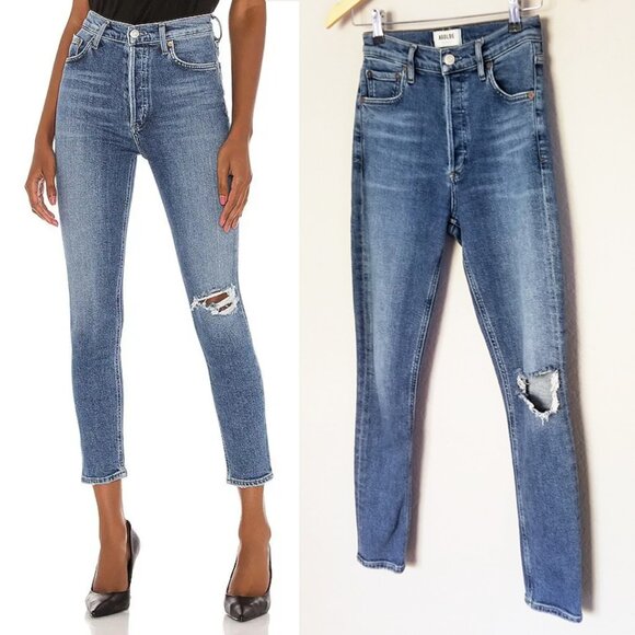 AGOLDE Nico High Rise Slim-Fit Distressed Jeans Shoreline Revolve Button Fly 23 - Picture 3 of 15